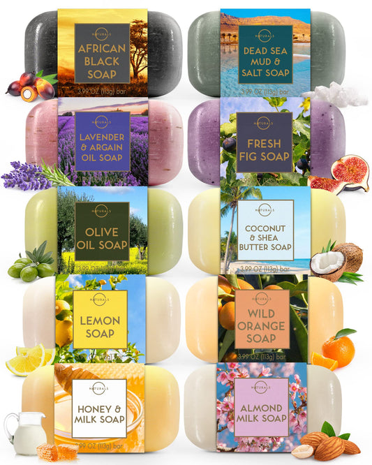O NATURALS 100% Natural Bar Soap - Gift Set - Organic Ingredients & Essential Oils - Spa Gifts for Women & Men, Body Wash & Face Soap - 10PC Variety Soaps Collection