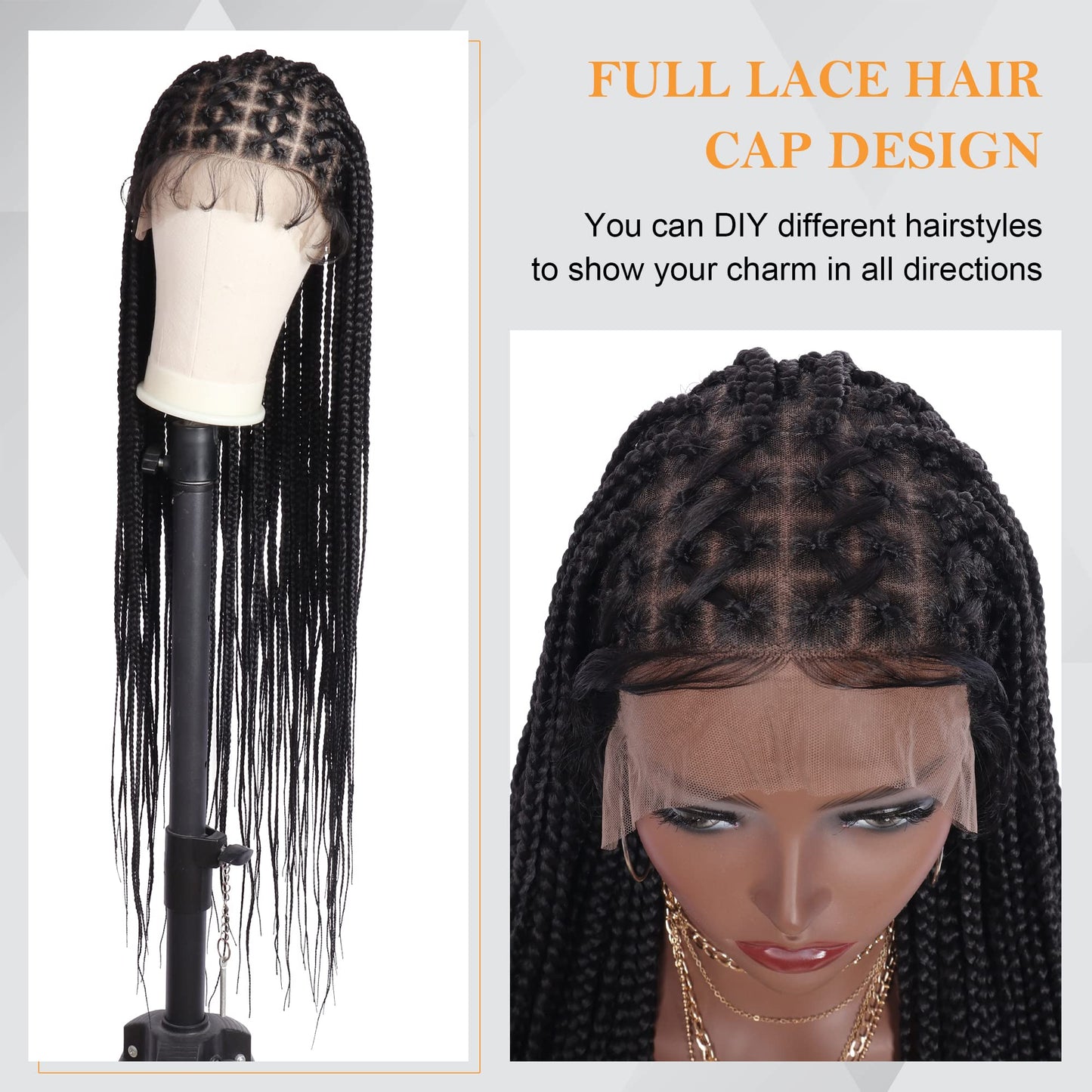 Alebery 36" Full Lace Criss Cross Knotless Box Braided Wigs for Black Women Knotless Box Braids Lace Front Wig with Baby Hair Lightweight Synthetic Black Cornrow Braided Wigs (1B)