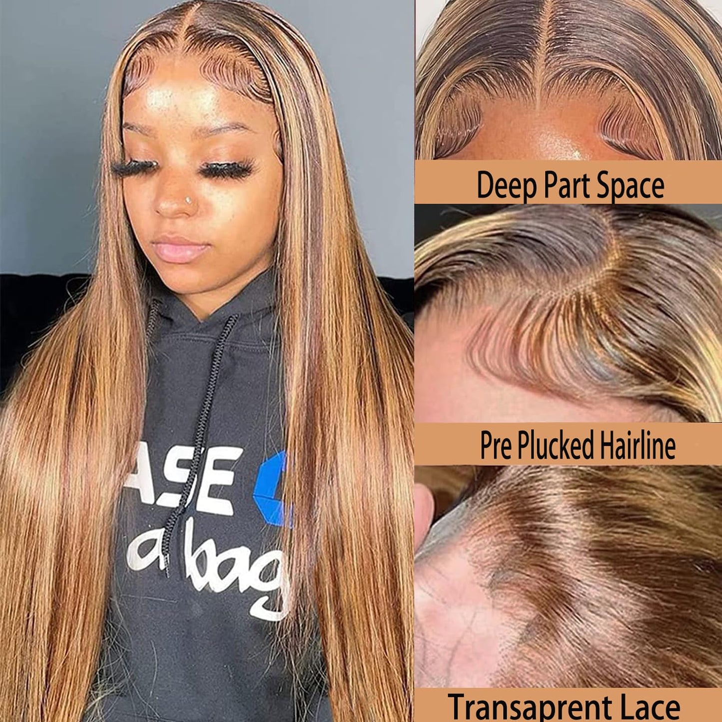 13x6 Ombre Highlight Lace Front Wigs Human Hair Pre Plucked HD Transparent Straight Lace Frontal Wigs 180% Density Glueless 4/27 Colored Honey Blonde Human Hair Wig for Women with Baby Hair 20Inch