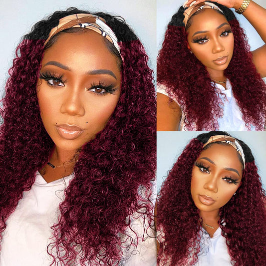 Celiarita Ombre Headband Wig Human Hair Deep Wave 20 Inch Glueless Red Burgundy Machine Made None Lace Front Wigs 1B/99J Dark Wine Human Hair Headband Wigs for Black Women 150% Density