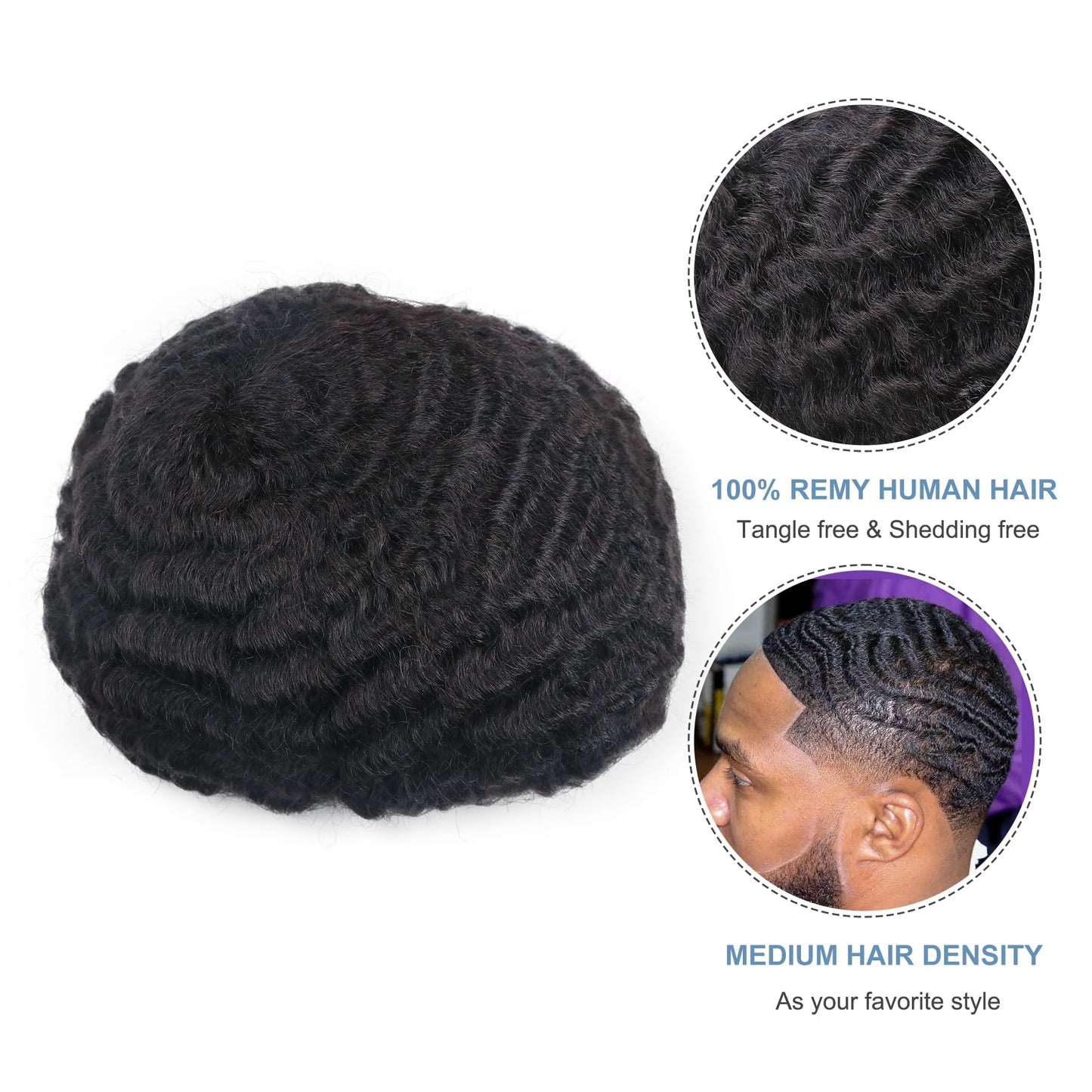 lumeng Mens Afro Toupee Translucent French Lace Man Wave Unit 1B# Off Black Mens Wig 10MM Wave 360 Toupee Hairpiece 100% Human Hair System cutable 8x10inch