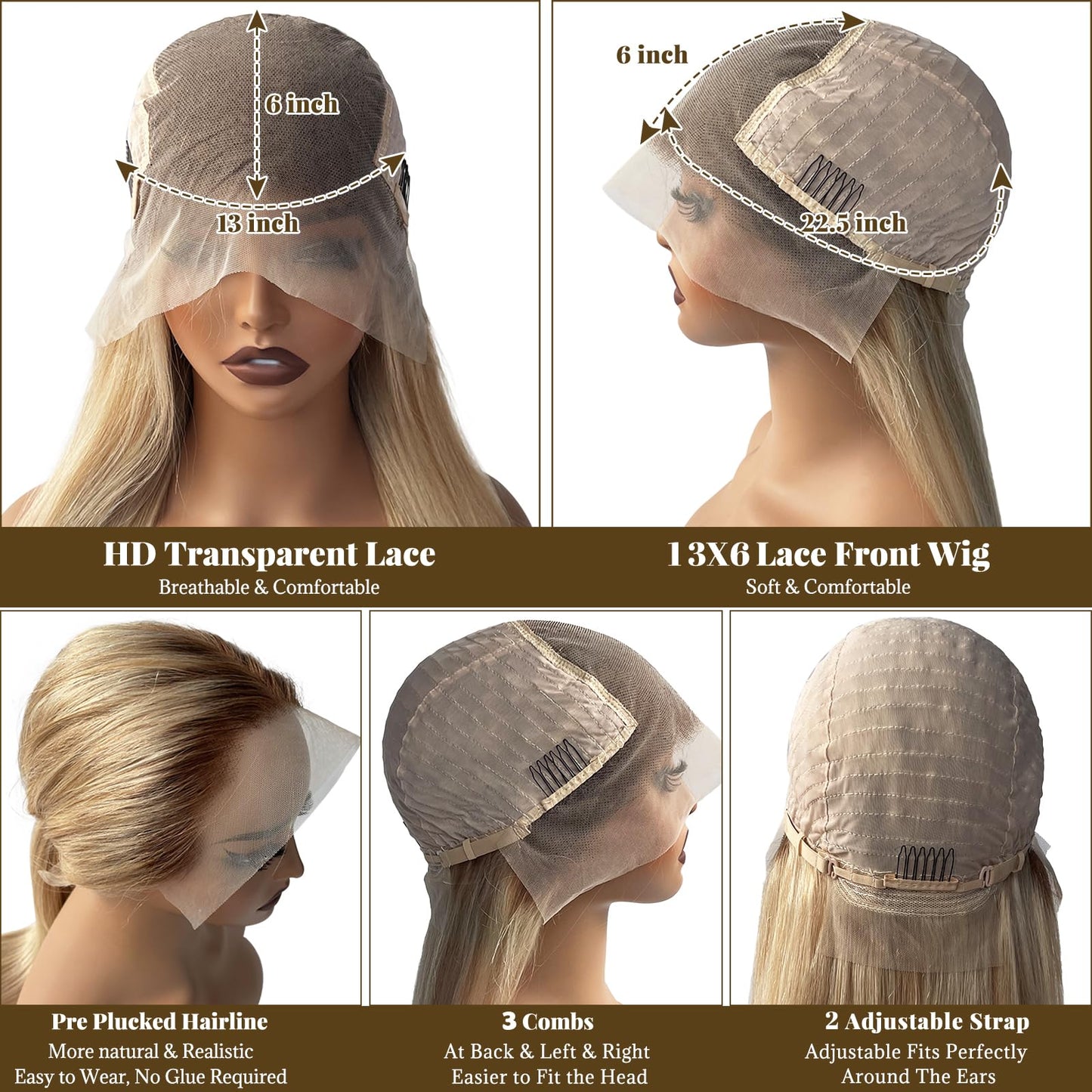 13x6 HD Lace Front Wigs Human Hair for White Women, 24 Inch Highlights Ombre Balayage Blonde Mixed Golden Blonde with #4 Brown Roots Glueless Lace Frontal Wigs Human Hair, Pre Plucked 180% Density