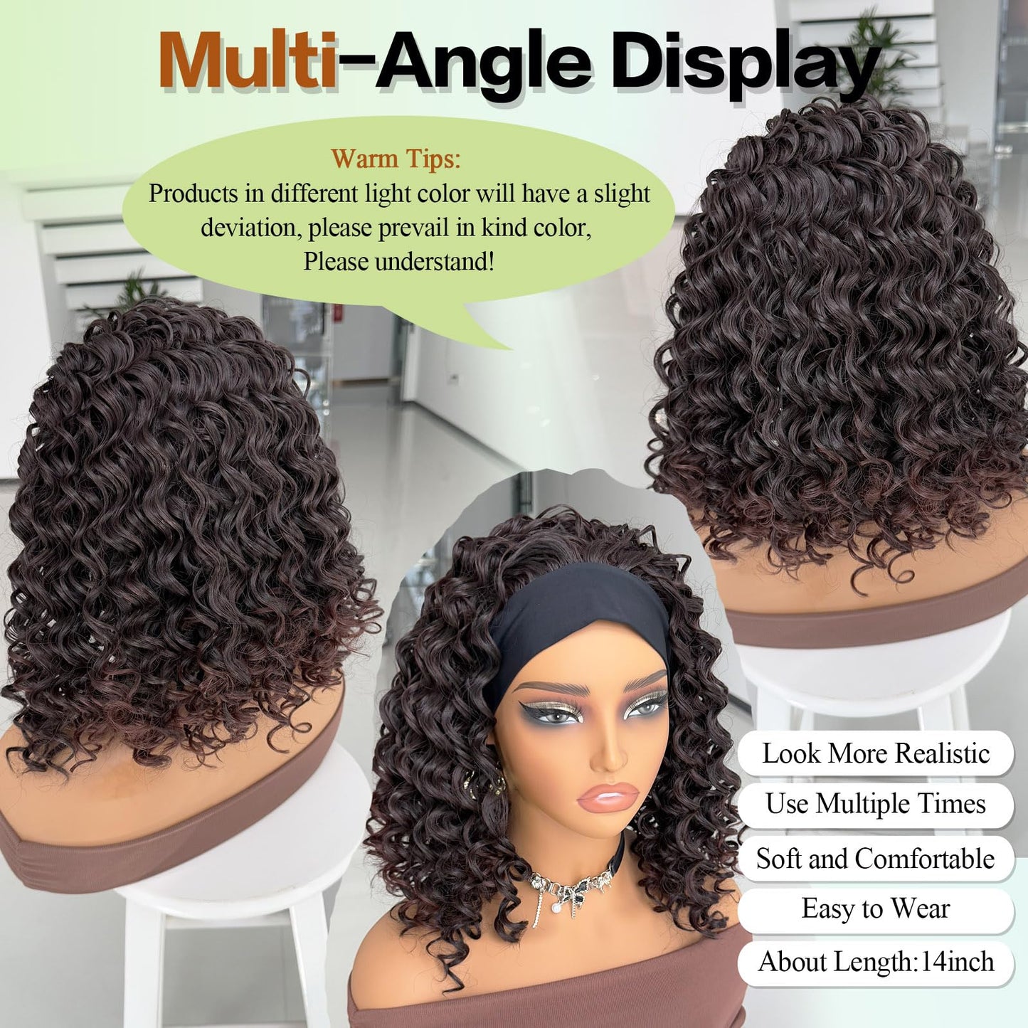 Aisaide Headband Wig 12 Inch Deep Curly Headband Wigs for Black Women Highlighted Brown Glueless No Lace Kinky Curly Half Hair Wigs,Dark Chocolate Brown