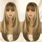NOVFLKW Brown Long Straight Layered Wig with Bangs for Women 26 inch Light Brown with Blonde Put on Go Realistic Synthetic Heat Resistant Natural Wig for Girls Party Cosplay and Daily Use