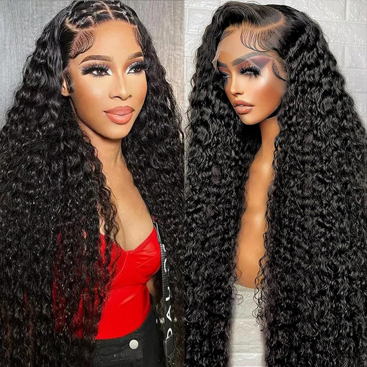 Gearina 36inch Deep Wave Lace Front Wigs Human Hair 200 Density 13x6 HD Transparent Lace Front Wigs for Women Deep Curly Lace Frontal Pre Plucked Wig Human Hair Glueless Wigs Natural Black