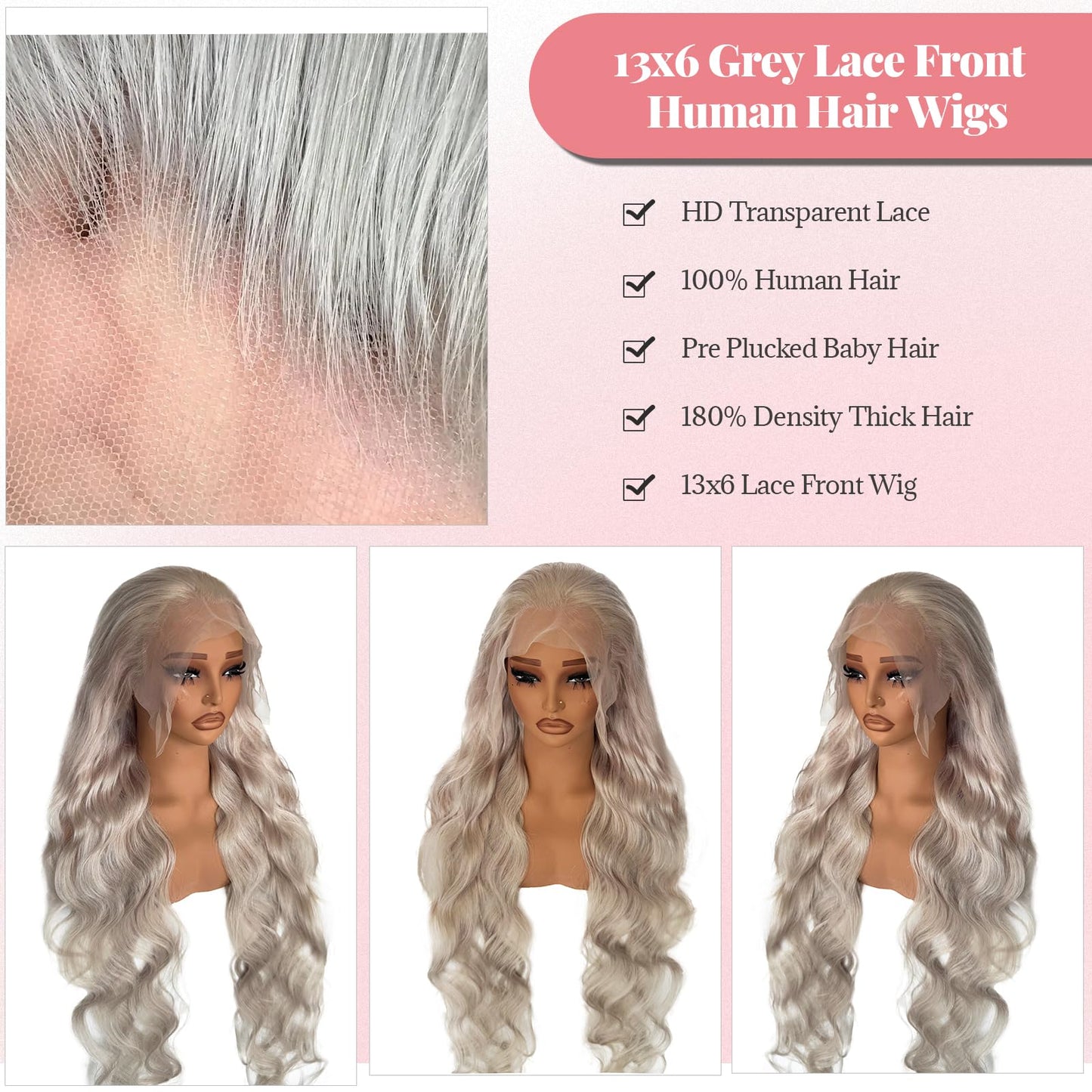 13x6 Lace Front Wig Human Hair, 180% Density Mini Knots HD Invisible Lace Wig for Women Free Part Glueless Silver Grey Colored Human Hair Wigs Long 34 Inch