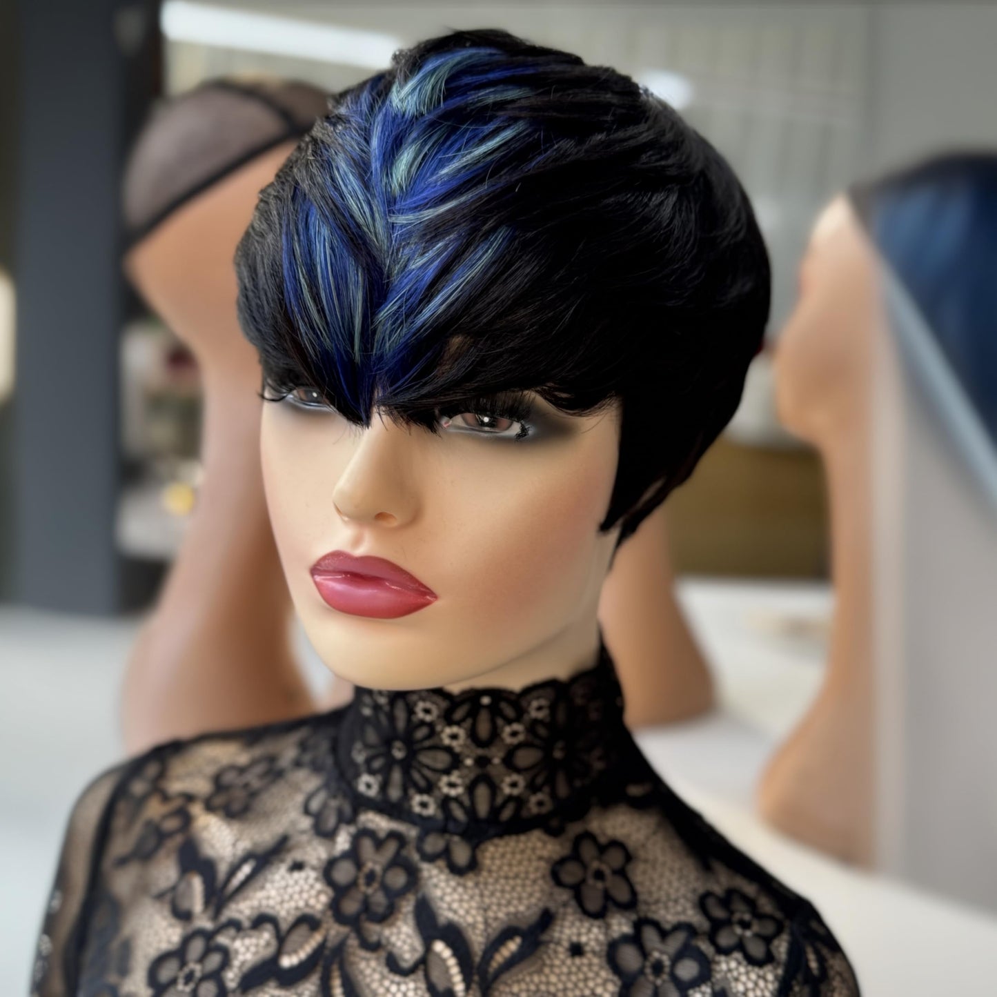 QiaQiaRing Pixie Cut Wigs for Black Women 1b/Blue for Summer Daily Use Color Short Layered Pixie Cut Human Hair Wigs With Bangs Glueless Full Machine Made Brazilian Virgin Straight Human Hair