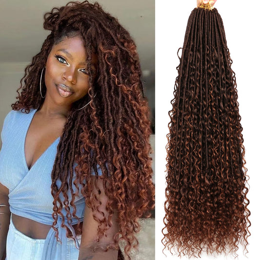 Soft Boho Locs Crochet Hair for Black Women-30 Inch 8 Packs Goddess Faux Locs Crochet Human Hair Feeling Pre Looped with Curly Ends(T30, 30 Inch(Pack of 8))