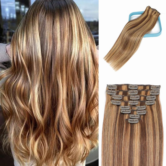 LORIEN Clip in Hair Extensions Real Human Hair, 18 Inch 100g, 4/27 Chocolate Brown to Caramel Blonde, Clip in 100% Brazilian Remy Human Hair Extensions 8pcs Per Set with 18 Clips Double Weft