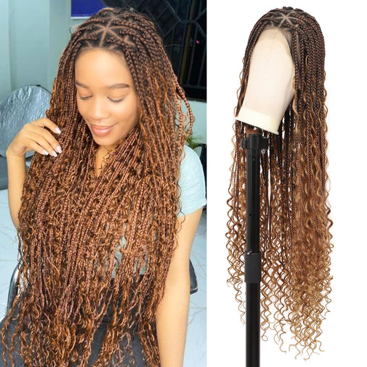 Olymei Boho knotless Braided Wigs for Women Boho Braid Wig Full Double Lace Front Bohemian Box Braid Wig with Baby Hair Premium Synthetic Braided Lace Front Wig 36" Mix Brown and Light Brown