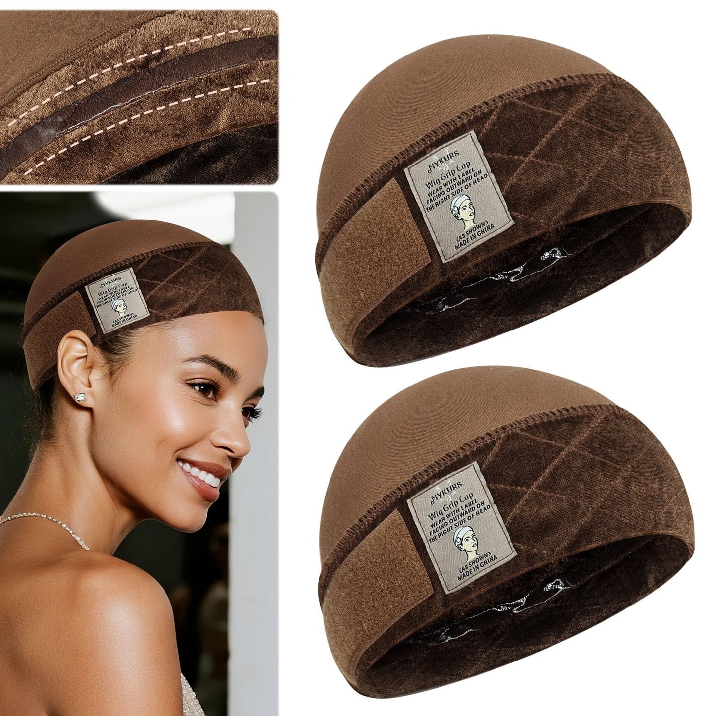 MYKURS Wig Grip Cap with Silicone Strip Non Slip, 2-in-1 Soft Wig Caps to Hold Wig in Place, Brown 2 PCS