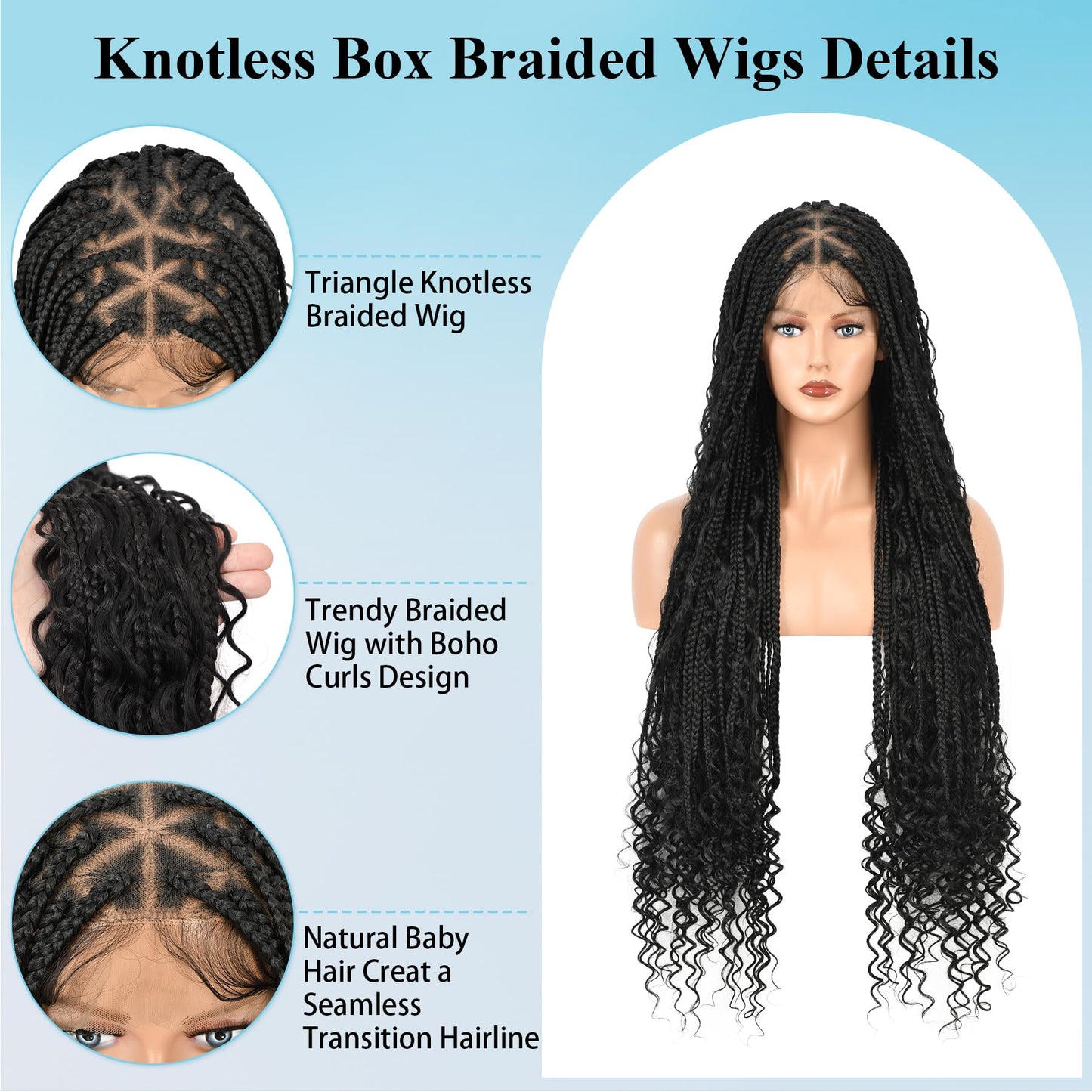 Olymei Boho Braided Wigs for Black Women Knotless Braided Wigs Box Braid Wig with Baby Hair Full Double Lace Black Boho Braided Wig Premium Synthetic Lace Braided Wig,36" Double Lace
