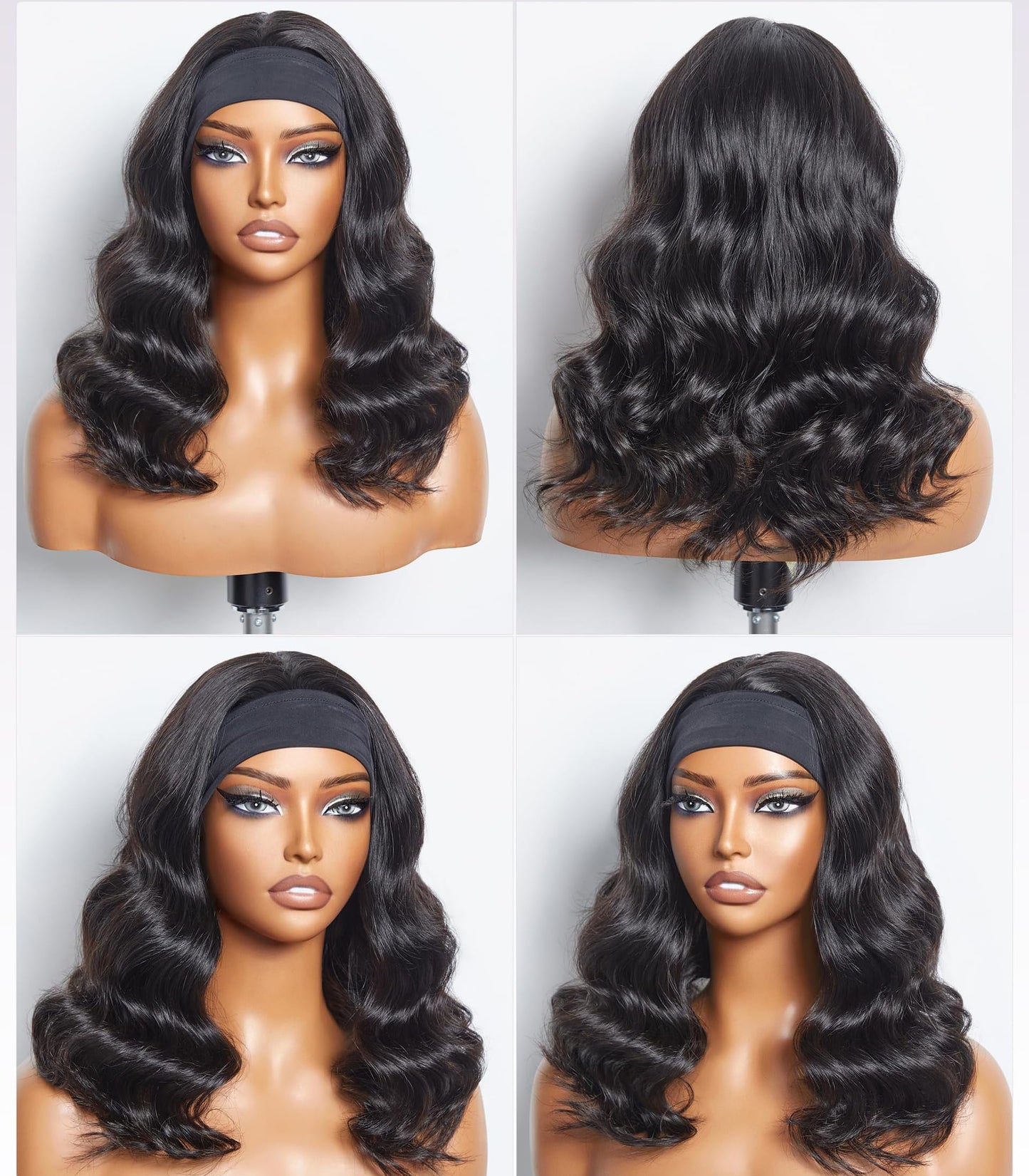 Justres Headband Wig Human Hair Body Wave Headband Wigs for Black Women None Lace Front Wig Wear and Go Glueless Wig Brazilian Virgin Human Hair Wig 180% Density Wigs Natural Color 18 Inch