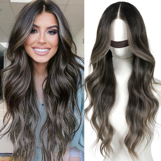 ENCOUNTERU Ombre Grey Wear and Go Glueless Wig with Bangs Body Wave Pre Plucked Synthetic Lace Front Gray Wigs for Women 13x5x1 Pre Cut Lace Glueless Ready to Wear Middle Part 26 Inch