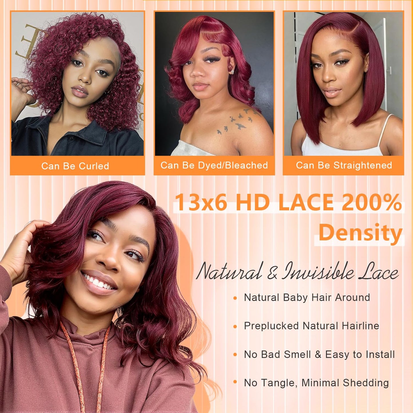 Afribye Burgundy Wig Human Hair 200% Density 13x6 99j Body Wave Lace Front Wigs Human Hair Pre Plucked Short Wigs for Black Women Glueless Frontal Wig Human Hair Loose Wavy 12 inch