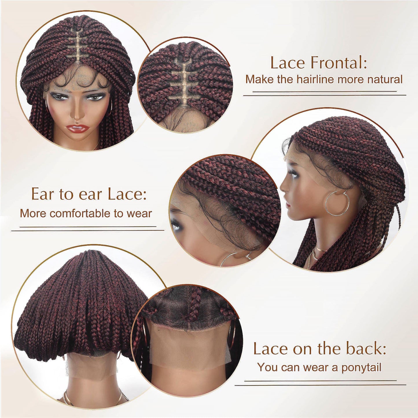 Alebery 36" Full Lace Knotless Box Braided Wigs for Black Women Knotless Box Braids Lace Front Wig with Baby Hair Lightweight Synthetic Lace Frontal Burgundy Cornrow Twisted Braided Wigs (1B/BG)