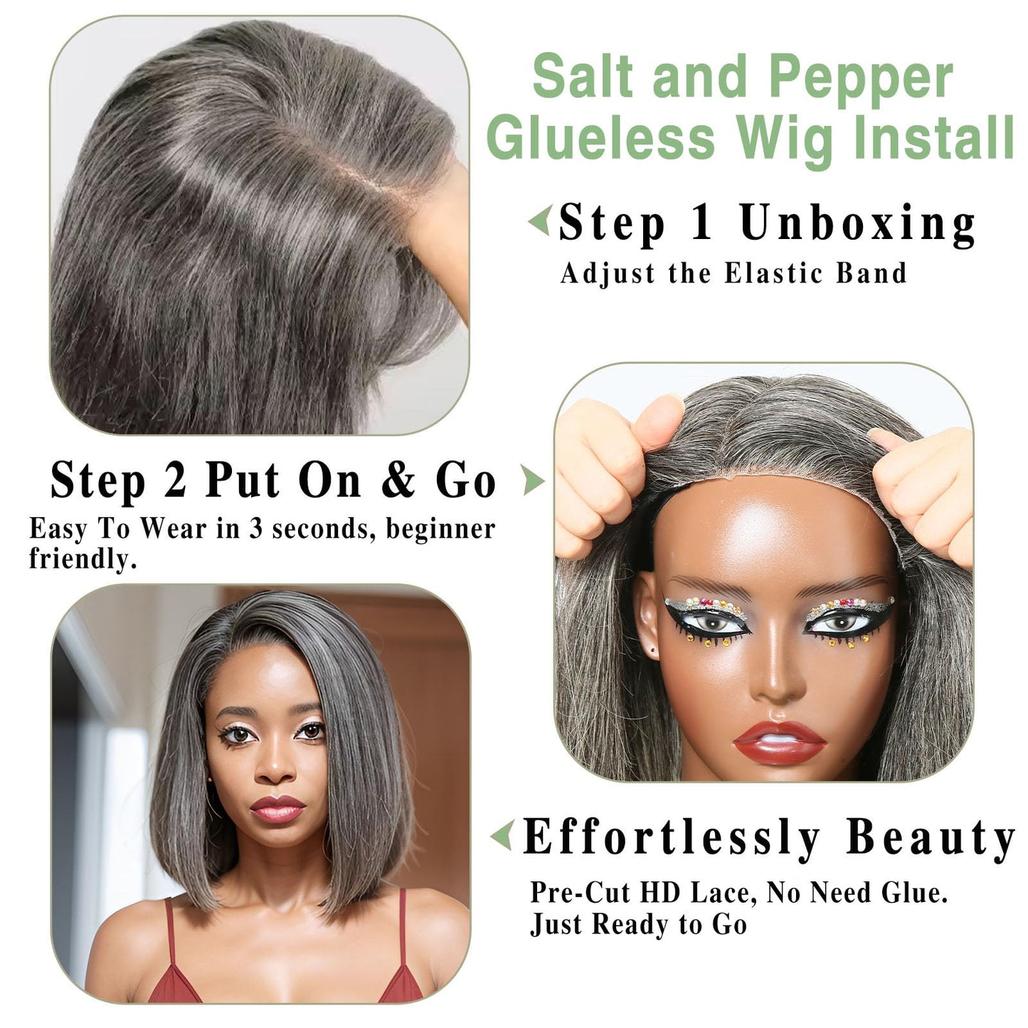 HANASCC 12" Salt and Pepper Human Hair Wigs Pre Plucked Grey Straight Short Bob Wig Pre Cut 5x5 Closure HD Transparent Gluelss Gray Lace Front Wigs for Women