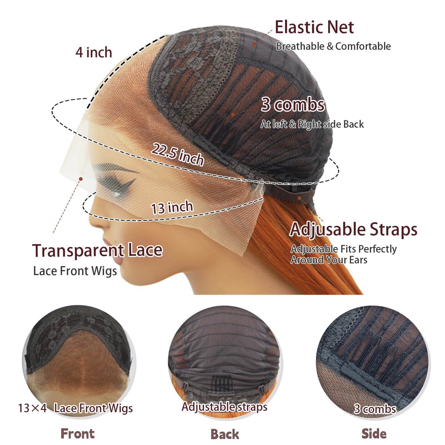 Fugady Long Ginger Glueless Wig 13x4 Orange Straight Heat Resistant Synthetic Fiber Lace Front Wig Dark Ginger Pre Plucked 200 Density Hd Lace Wig With Baby Hair Colorful Wigs For Women 26 inches
