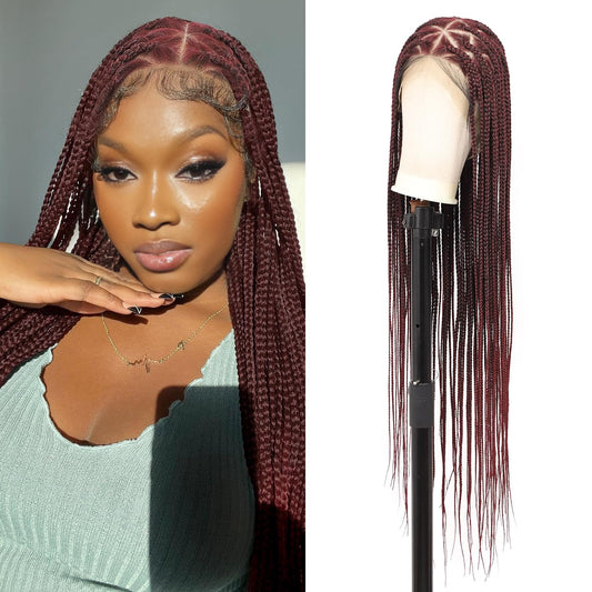 Lexqui 360° HD Full Lace Knotless Braided Wigs for Women Box Braid Wig Synthetic Hair Lace Front Braided Wigs with Baby Hair Braid Wig 36 Inch Burgundy Red