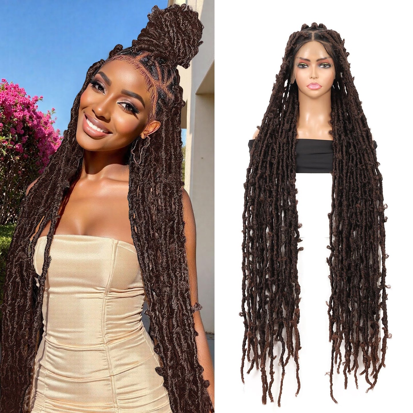Olymei 48" Super Long Faux Locs Braided Wig Butterfly Knotless Locs Braided Wigs for Women Full Double Lace Front Braided Wigs with Baby Hair Premium Synthetic Lace Frontal Braids Wig Brown