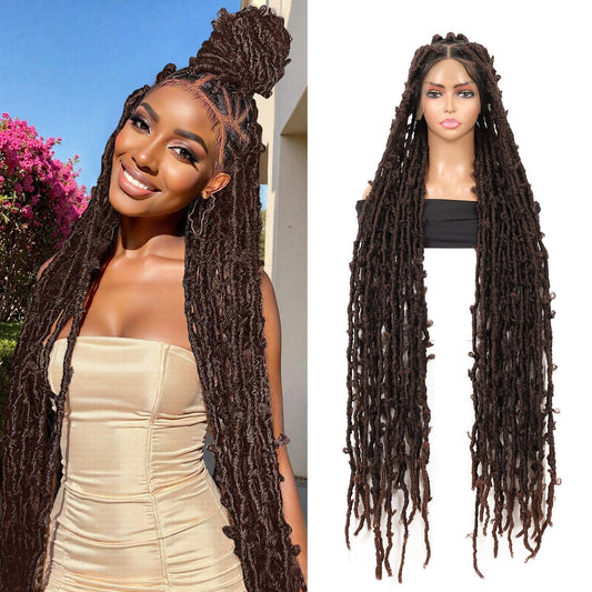 Olymei 48" Super Long Faux Locs Braided Wig Butterfly Knotless Locs Braided Wigs for Women Full Double Lace Front Braided Wigs with Baby Hair Premium Synthetic Lace Frontal Braids Wig Brown