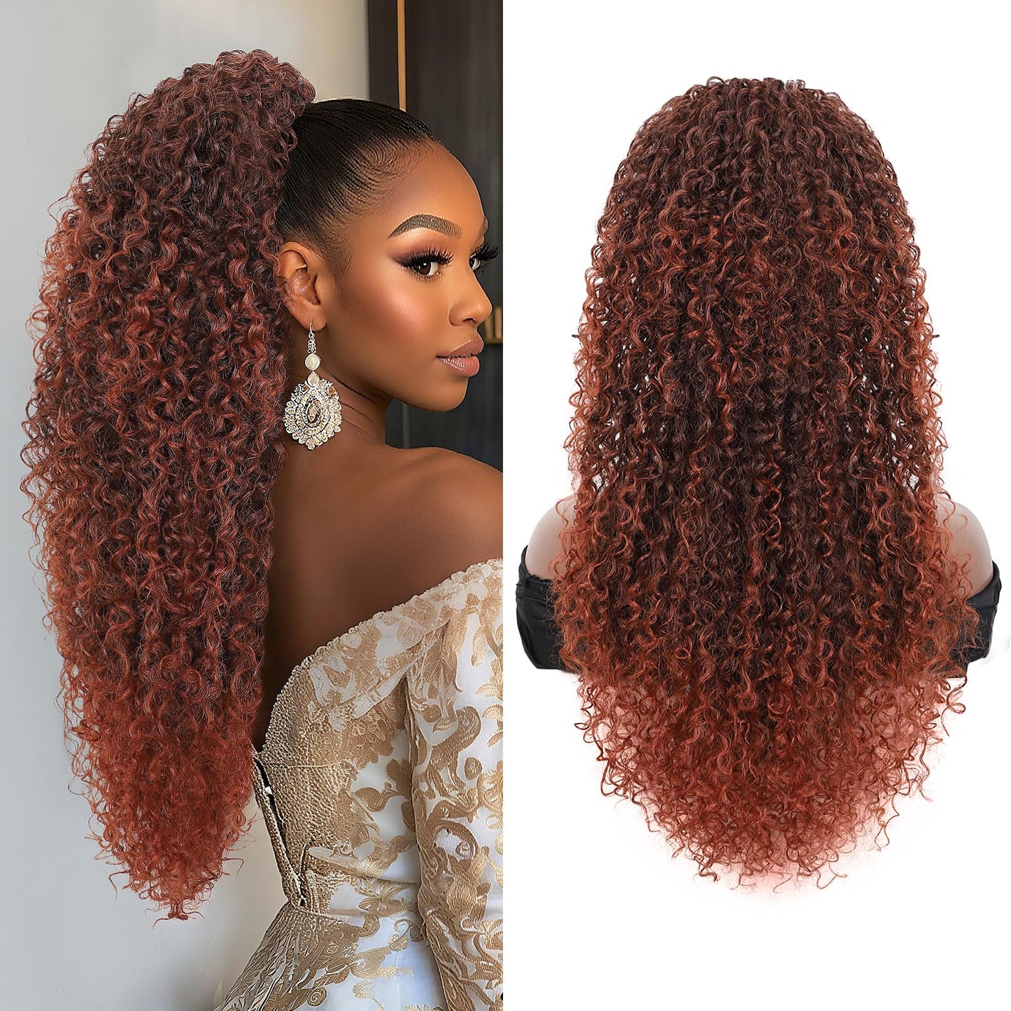 Youthfee Drawstring Ponytail for Women Deep Curly Ponytail Extension Synthetic Mixed with Human Hair Ponytails Orange Mixed with Black Afro Kinky Curly Pony for Daily wear,27 Inches