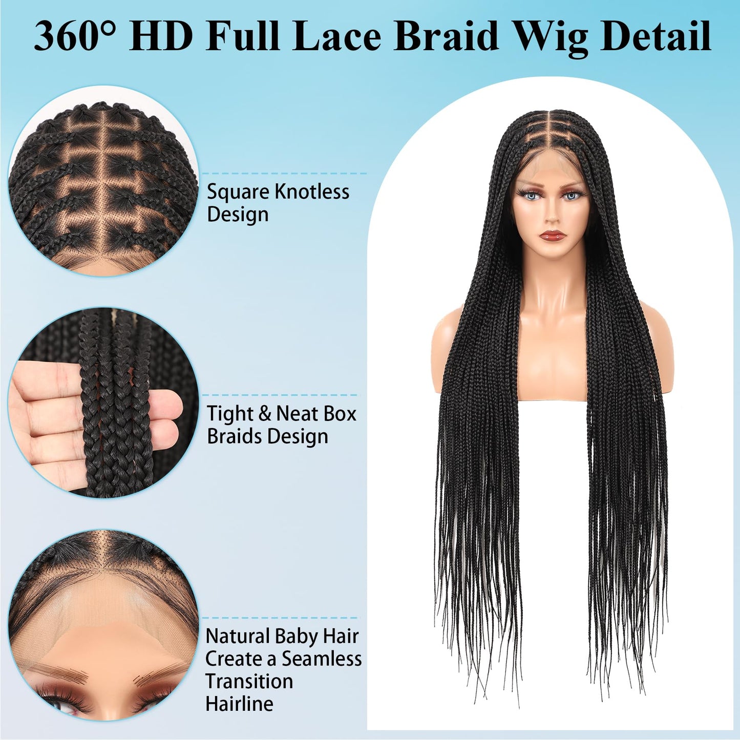 Olymei 360° Hd Full Lace Knotless Braided Wigs for Women Box Braid Wig with Baby Hair Premium Synthetic Long Black Braided Lace Front Wigs 36"