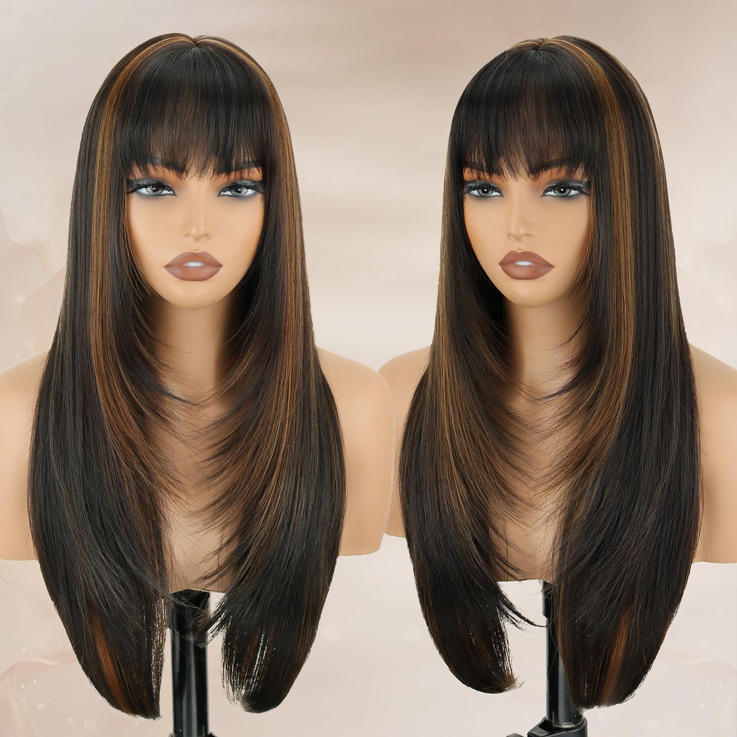 NOVFLKW Highlight Long Straight Layered Wig with Bangs for Women 26 inch Highlight Brown Put on Go Realistic Synthetic Heat Resistant Natural Wig for Girls Party Cosplay and Daily Use