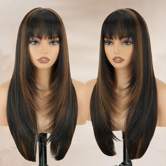 NOVFLKW Highlight Long Straight Layered Wig with Bangs for Women 26 inch Highlight Brown Put on Go Realistic Synthetic Heat Resistant Natural Wig for Girls Party Cosplay and Daily Use