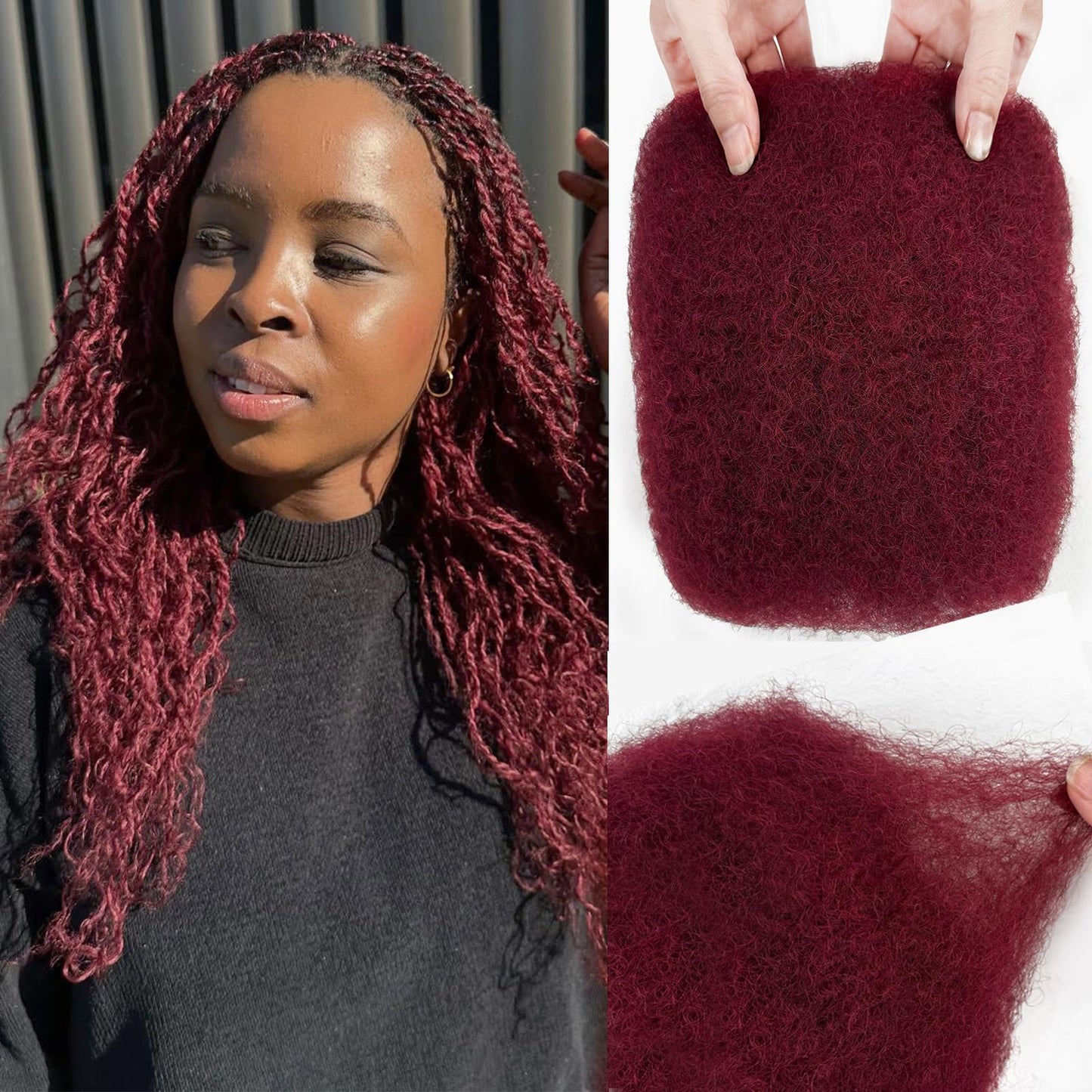Burgundy Afro Kinkys Bulk Human Hair for Braiding Afro Kinky-curly Human Hair Bulk for Twist Soft Kinkycurly Bundles for Mini Twists Braids or Micro Locs Extensions