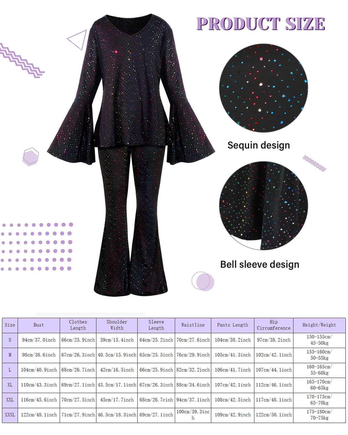 Jexine 70s Disco Outfit Women Sequin Sparkly Costume Black M