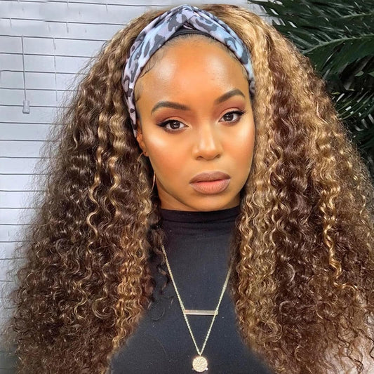 Ombre Highlight Headband Wig Human Hair #4/27 Colored Kinky Curly Headband Wig for Black Women Glueless None Lace Front Human Hair Wigs Brazilian Virgin Hair Wear and Go Wigs 150% Density 24 Inch