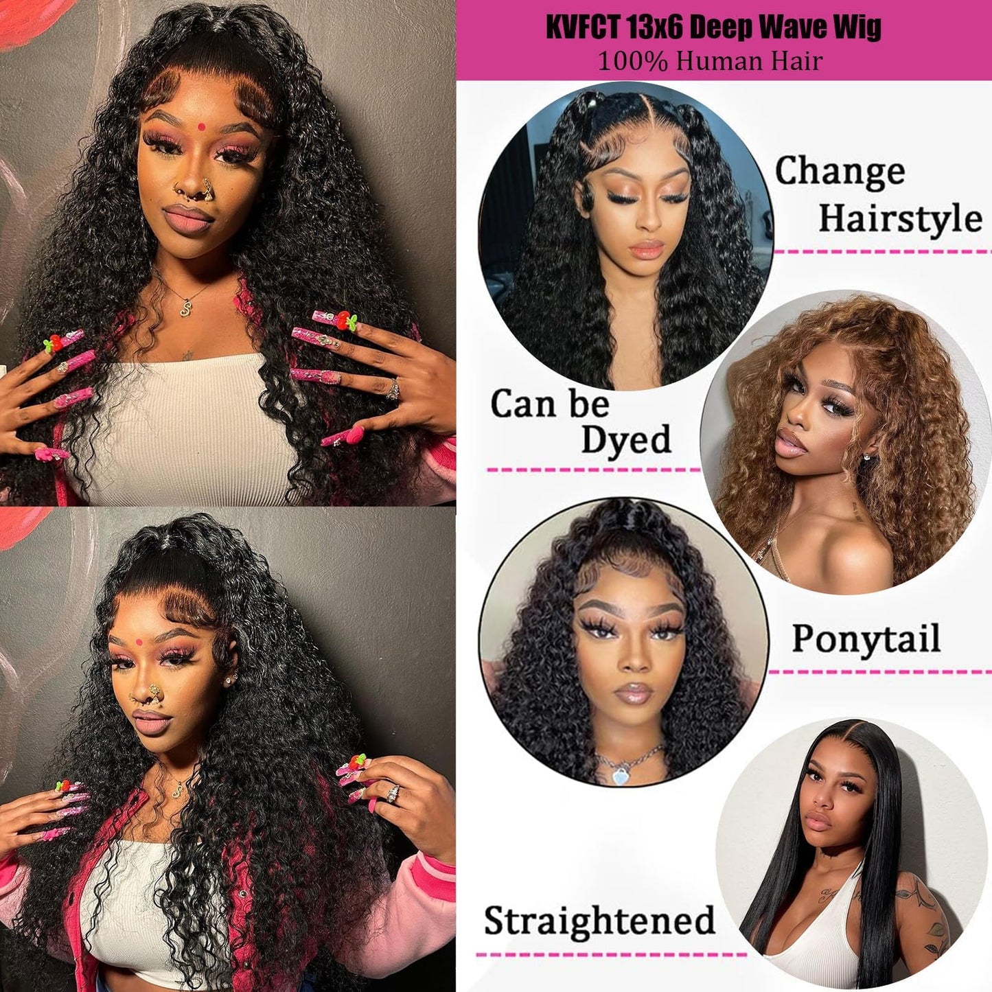 KVFCT 13x6 HD Deep Wave Lace front Wigs Human Hair Pre Plucked 28 Inch Deep Curly Human Hair Wigs for Women Pre Plucked Deep Wave Wigs with Baby Hair