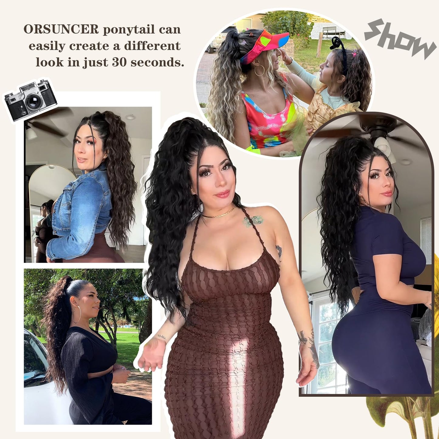 ORSUNCER Ponytail Extension Claw 22" Curly Pony Tail Clip in Claw Hair Extensions Fluffy Natural Looking Synthetic Hairpiece for Women Black Brown