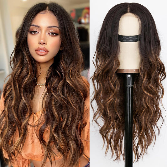 Nnzes Long Brown Wavy Wig with Highlights Middle Part Curly Wigs Lace Hairline Wigs for Women Ombre Brown Synthetic Heat Resistant Wigs for Daily Part Use