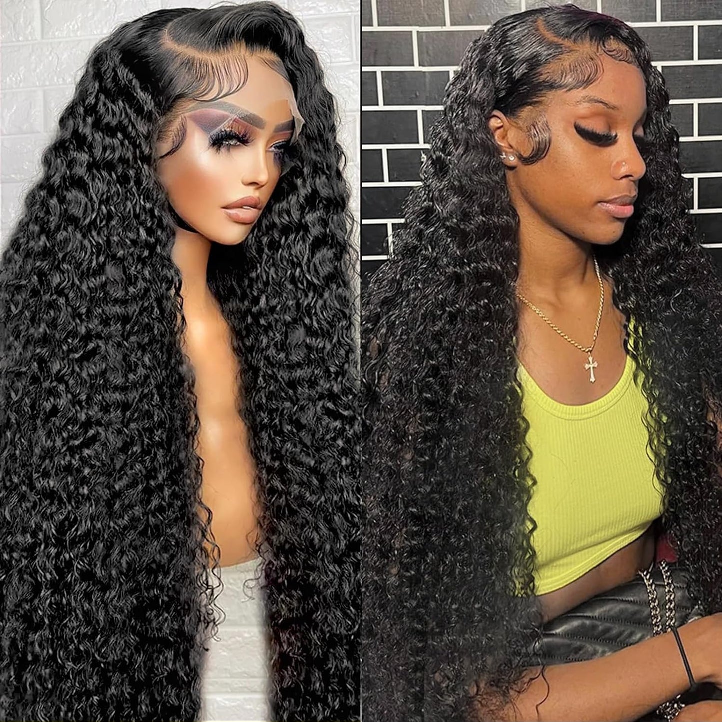 Gearina 32inch Deep Wave Lace Front Wigs Human Hair 200 Density 13x6 HD Transparent Lace Front Wigs for Women Deep Curly Lace Frontal Pre Plucked Wig Human Hair Glueless Wigs Natural Black