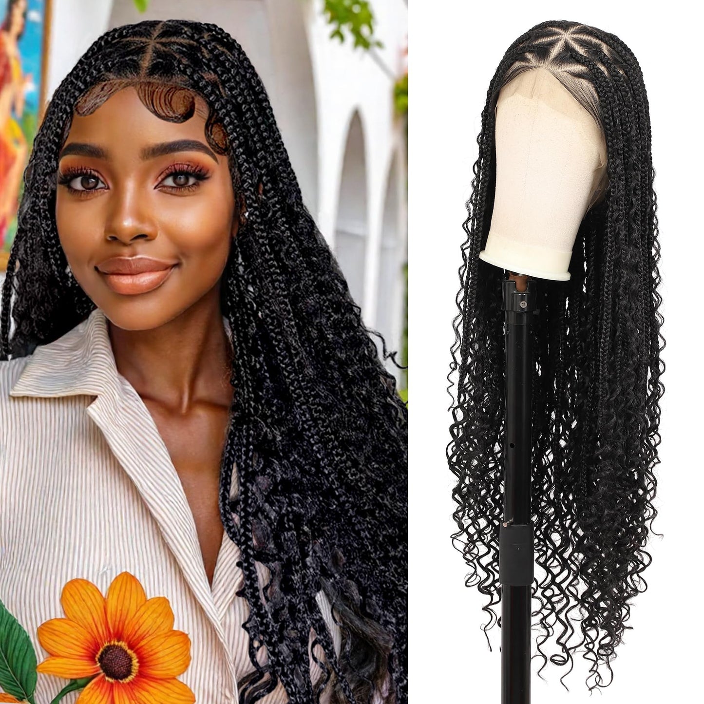 Kalyss HD Full Lace Triangle Knotless Boho Braided Wigs for Women 360 Lace Front Box Braided Wigs with Baby Hair Black Premium Synthetic Knotless Braid Wig 36"