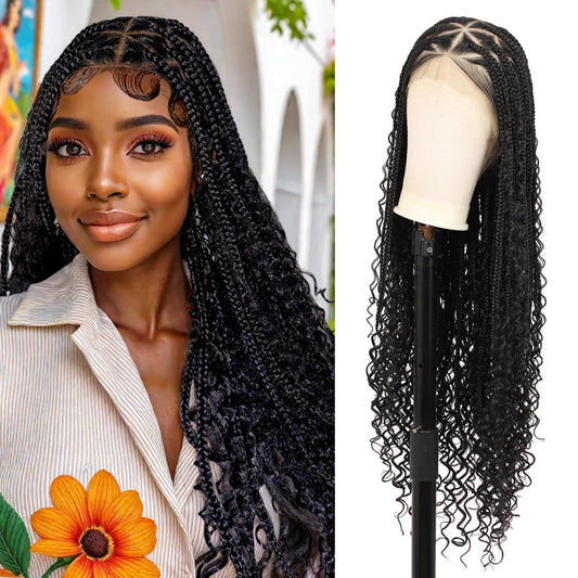 Kalyss HD Full Lace Triangle Knotless Boho Braided Wigs for Women 360 Lace Front Box Braided Wigs with Baby Hair Black Premium Synthetic Knotless Braid Wig 36"