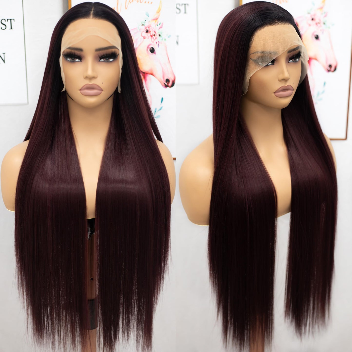 Fugady 32 inch Long Ombre Burgundy 99j Glueless Straight Lace Front Wig 200 Density Pre Plucked Synthetic Heat Resistant Red Wig With Baby Hair Colorful Lace Wigs For Women Cosplay Party Daily Use