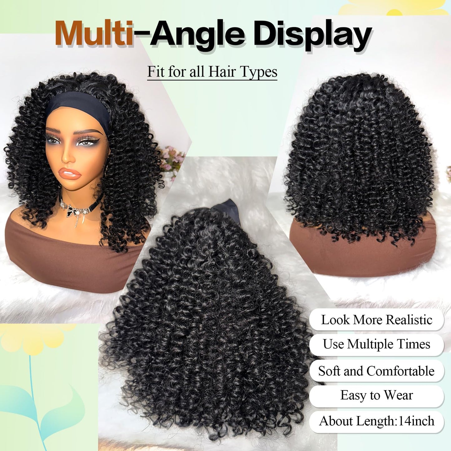 Aisaide Kinky Curly Headband Wig 14 Inch Headband Wigs for Black Women None Lace Front Curly Wave Half Hair Wig Wear and Go Glueless Wig