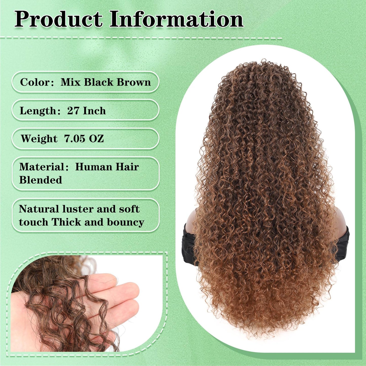 Youthfee Drawstring Ponytail for Women Deep Curly Ponytail Extension Synthetic Mixed with Human Hair Ponytails Light Brown Afro Kinky Curly Pony for Daily wear,27 Inches