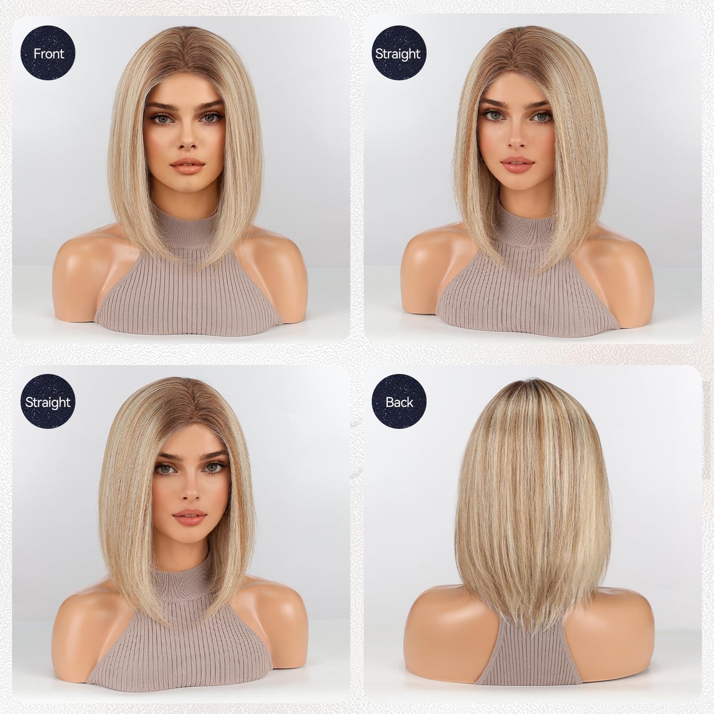 starluck Human Hair Wig for Women Blonde Wigs Real Human Hair Wigs Ombre Blonde Mixed Light Brown Layered Bob Wig 12 Inch Silk Base Realistic and Resistant for Daily Party Use