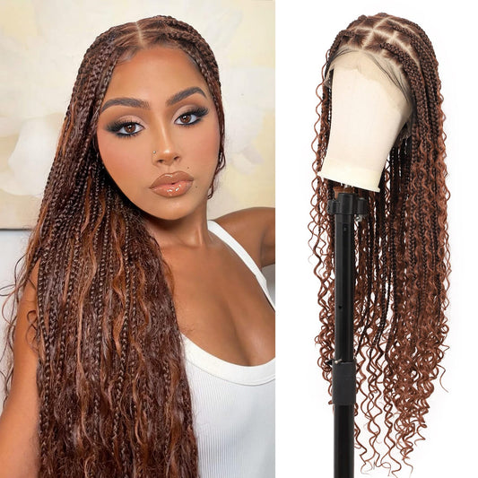 Olymei 360° HD Full Lace Knotless Braided Wigs for Black Women Boho Braided Wigs with Baby Hair Box Braid Wig Premium Synthetic Braid Lace Front Wig with Curly End Brown 36"