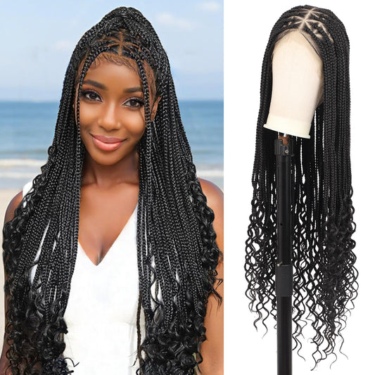 Olymei 360° Hd Full Lace Braided Wigs for Women Triangle Knotless Braided Wigs with Curly End with Baby Hair Box Braid Wig Premium Synthetic Braid Lace Front Wig Black 36"