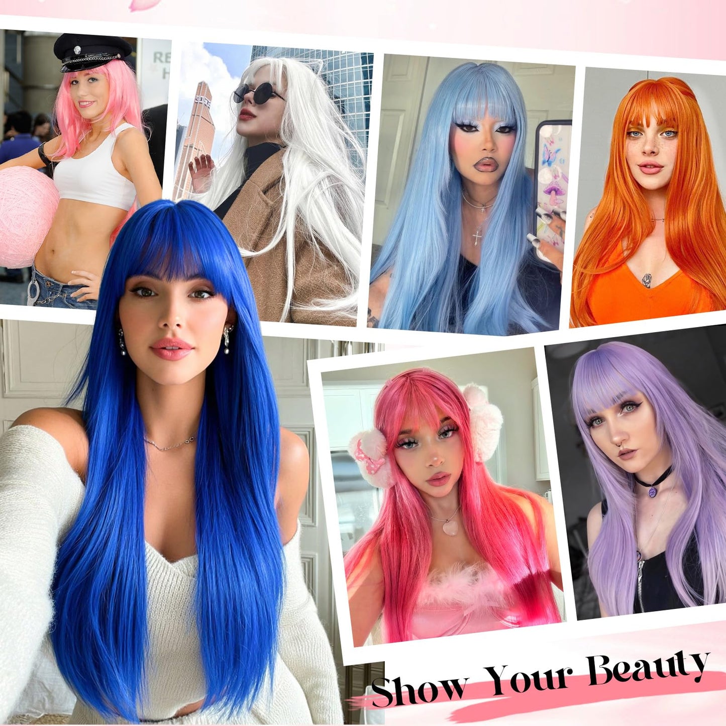 NOVFLKW Orange Long Straight Layered Wig with Bangs for Women 26 inch Put on Go Realistic Synthetic Fiber Heat Resistant Natural Wig for Girls Party Cosplay and Daily Use