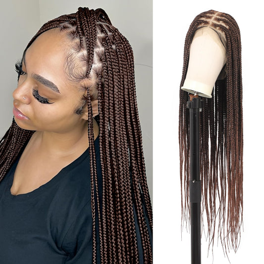 Olymei 360° Hd Full Lace Knotless Braided Wigs for Women Box Braid Wig with Baby Hair Premium Synthetic Long Brown Braided Lace Front Wigs 36Inch