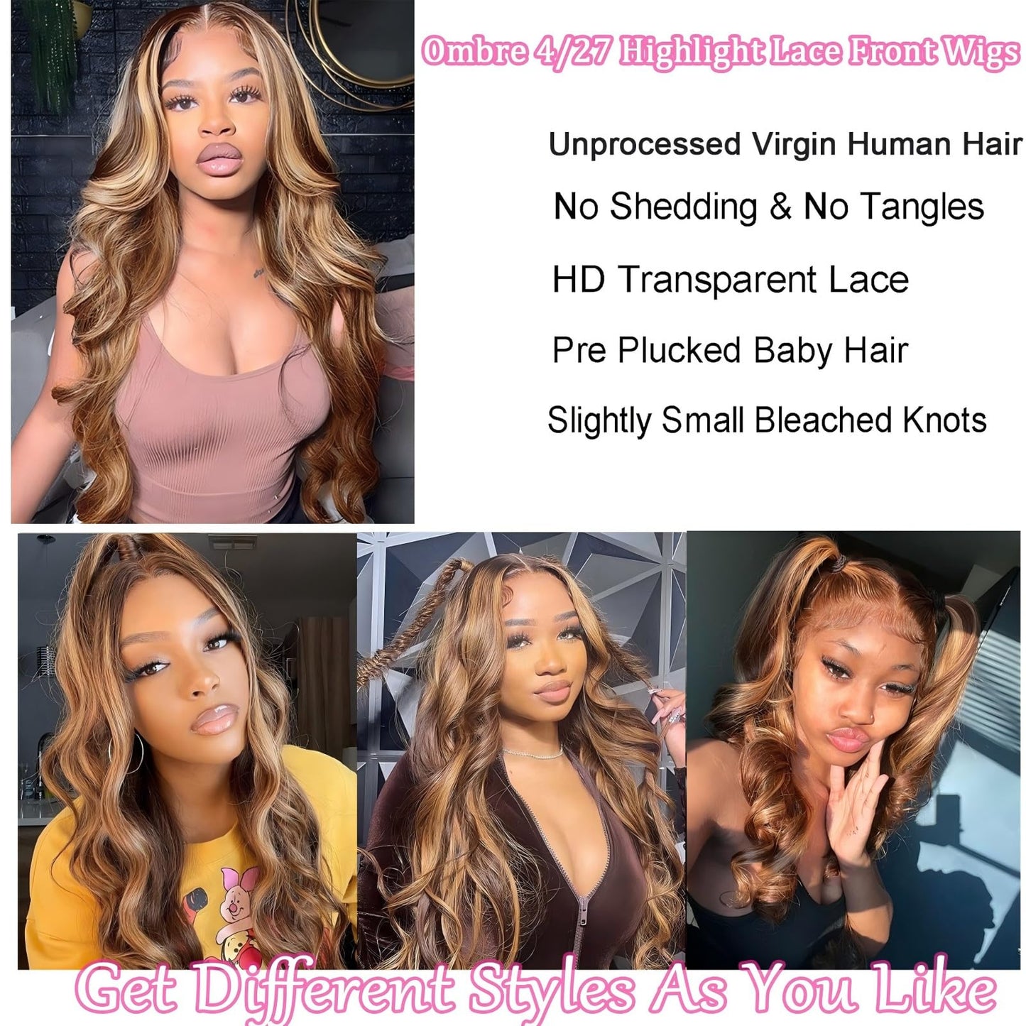 QZOQZO Ombre Lace Front Wig Human Hair 13x6 Highlight Body Wave Wig Human Hair 180% Density 4/27 Colored Honey Blonde HD Lace Frontal Glueless Wigs For Women 28inch