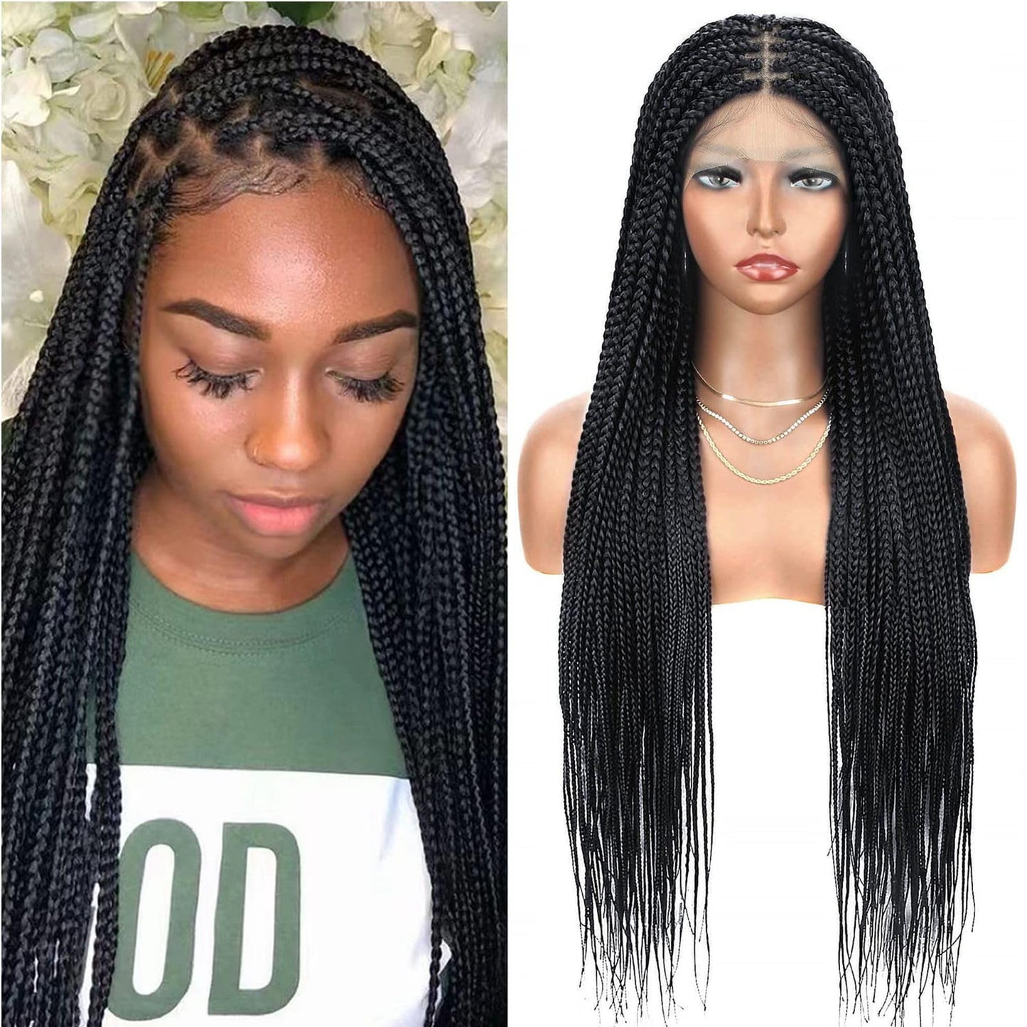 Alebery 36" Full Lace Knotless Box Braided Wigs for Black Women Twisted Braids Lace Synthetic Frontal Black Cornrow Wig with Baby Hair, Lightweight (1B)