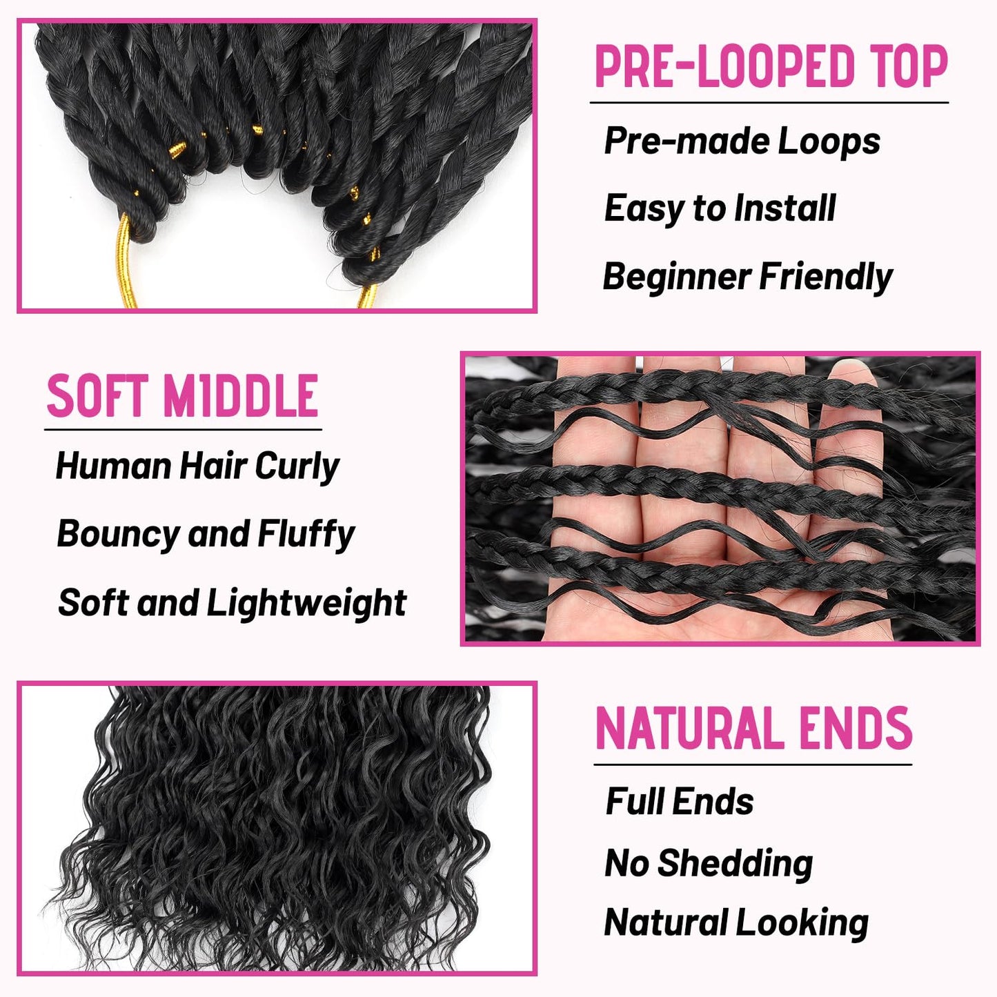 Boho Crochet Braids Human Hair Mixed Synthetic 14Inch 9 Packs Goddess Braids Pre looped Bohemian Braid Crochet Hair for Black Women (14Inch,1B)