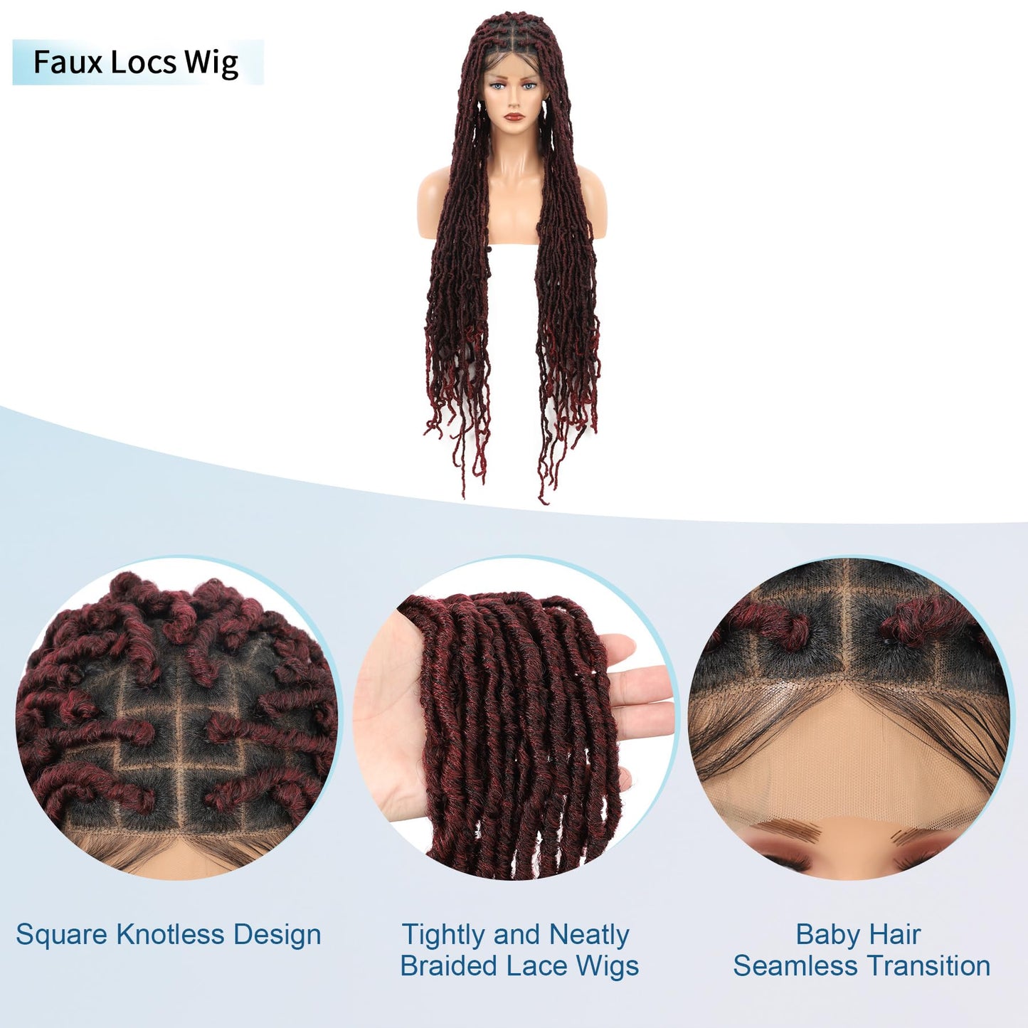 Olymei Locs Braided Wigs for Black Women Knotless Braided Wigs Locs Braid Wig with Baby Hair Full Double Lace Braided Wig Synthetic Burgundy Red Locs Braided Wig, 40 Inches Double Lace